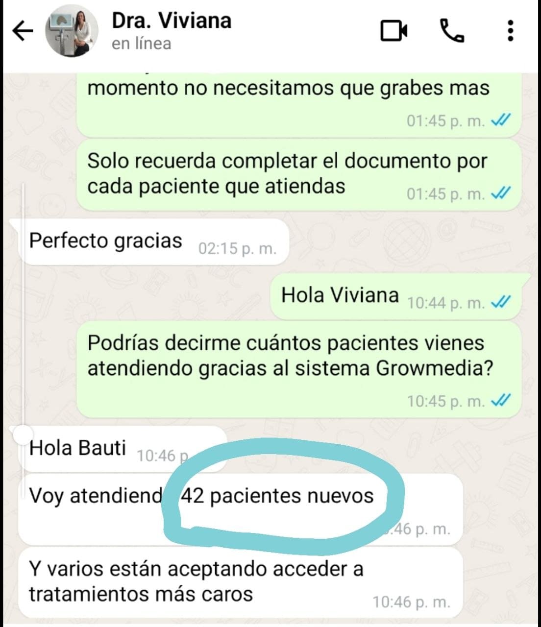 Conversación con la Dra. Viviana confirmando 42 pacientes nuevos gracias al sistema Growmedia
